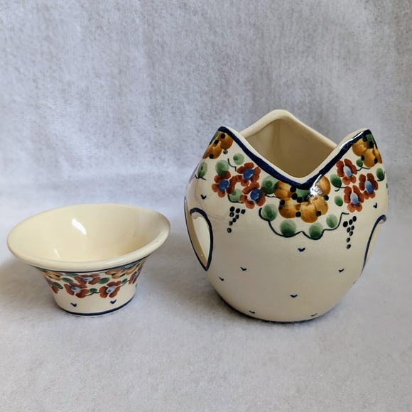 Polish Pottery 2-piece Warmer with Blue, Brown, & Yellow Floral Design, Unikat - Picture 7 of 8